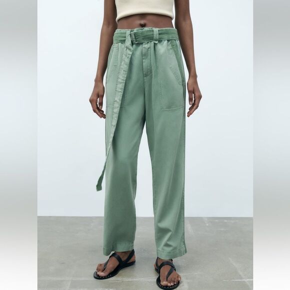 ZARA PANTS WITH CONTRASTING BELT GREEN - Picture 1 of 8
